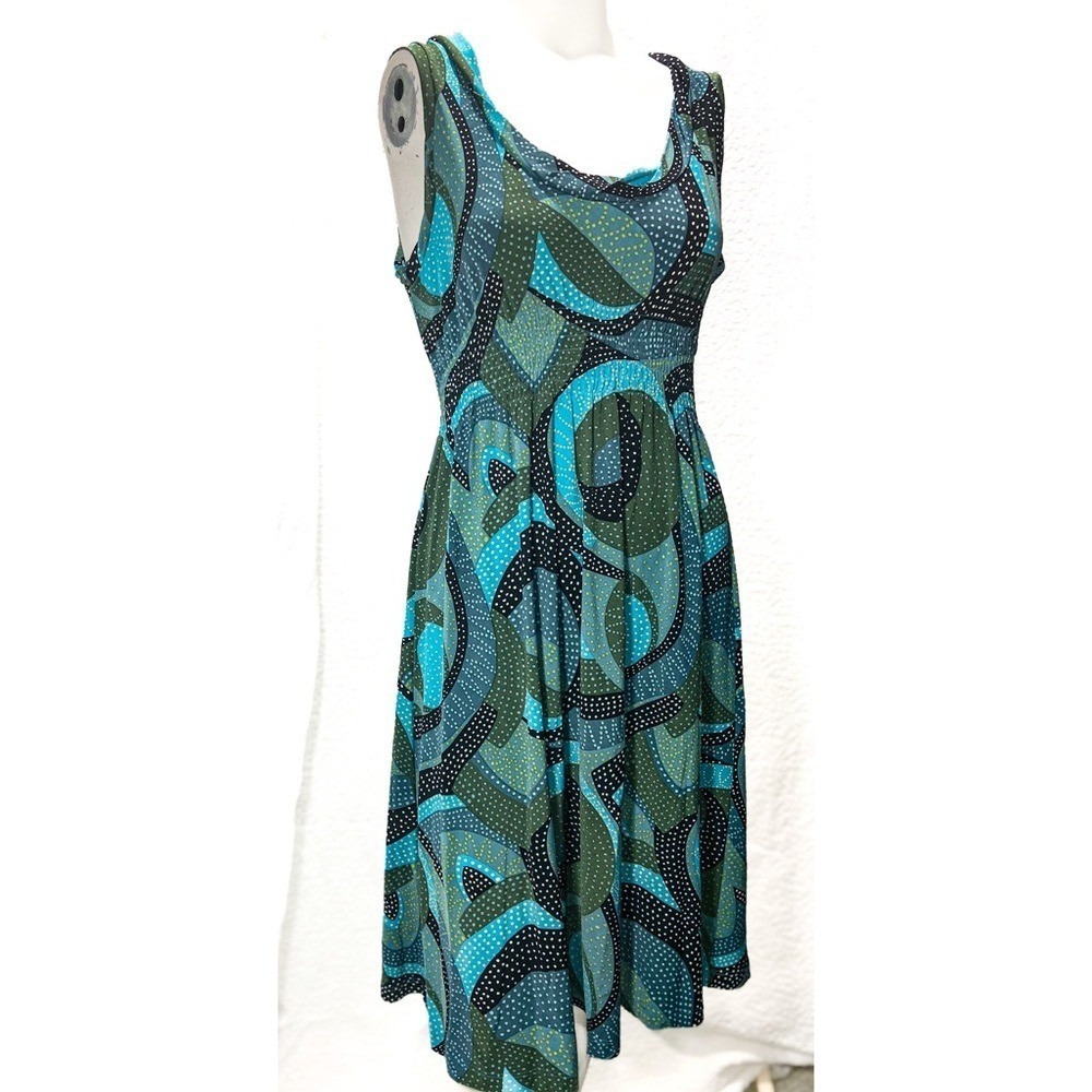 BCBGMaxAzria Dress Abstract Geometric Print Sleeveless Midi Blue Green Small NWT - Picture 2 of 13
